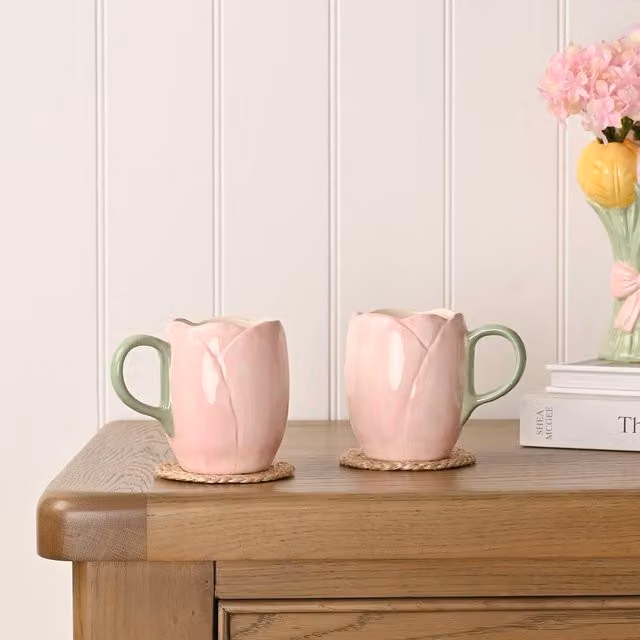 Hestia Set of 2 Pink Floral Ceramic Tulip Mugs