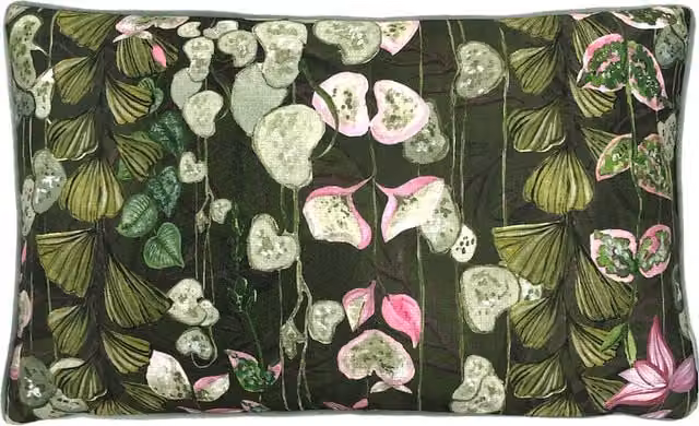 Make it a Home Veadeiros Botanical Floral Cushion in Pink, Black and Green with Feather Filling, W/D/H: 50 x 50 x 1 cm