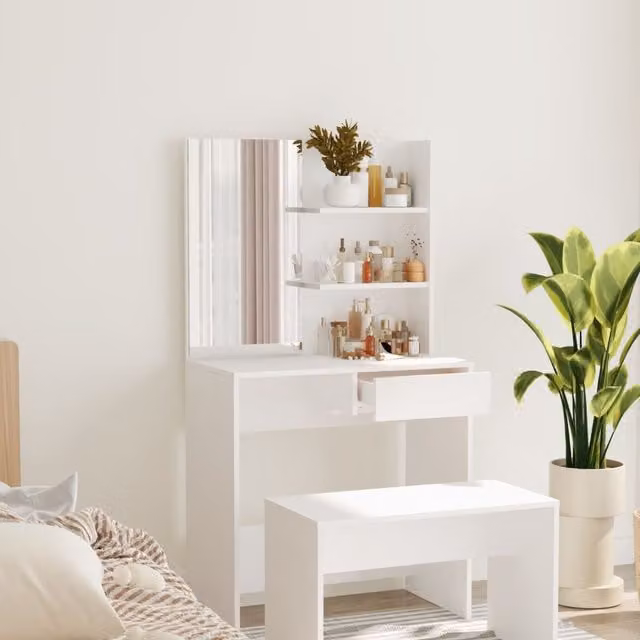 Berkfield Home Modern Dressing Table with Mirror in White, W/D/H: 74.5 x 40 x 141 cm
