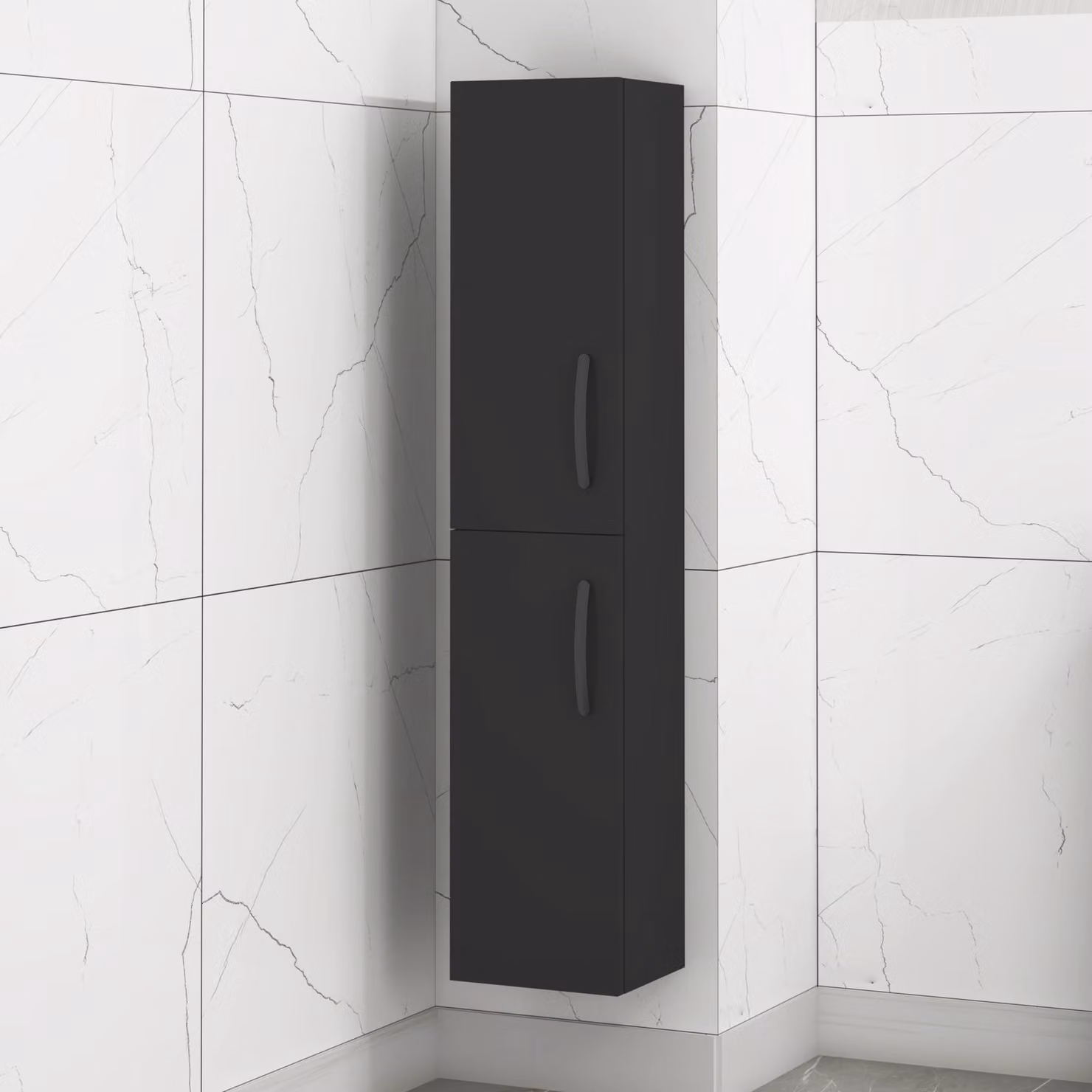 Royal Bathrooms Turin Matt Black 2-Door Wall Hung Tall Boy Cabinet Unit H 145 cm x W 30 cm x D 25 cm