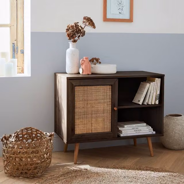 Sweekeec Scandi-style Storage Cabinet with Wood and Cane Rattan in Dark Brown, W: 80 cm – 1