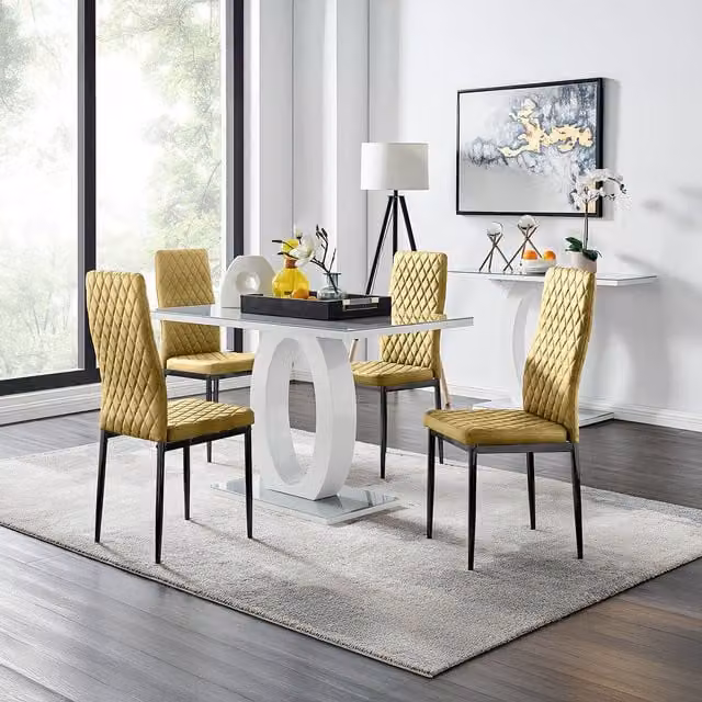 FurnitureboxUK Giovani Grey Glass Dining Table and 4 Mustard Velvet Milan Chairs with Black Legs W/D/H: 120 x 70 x 75 cm