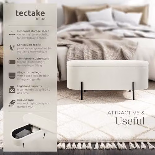 tectake Lanja Scandi Style Bouclé Storage Bench in Beige, W/D/H: 150 x 43 x 43 cm – 3