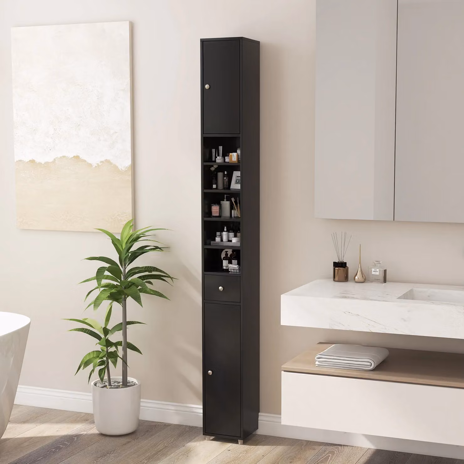 Costway Slim Freestanding Tall Bathroom Storage Cabinet with 2 Hinged Doors in Matt Black – 3