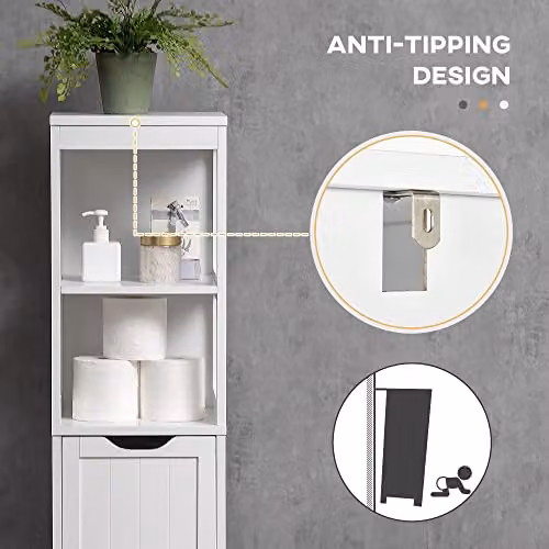 HOMCOM Slim White Bathroom Storage Unit with 3 Drawers and 2 Open Shelves, H 141.6 x W 30.0 x D 30.0 cm – 5