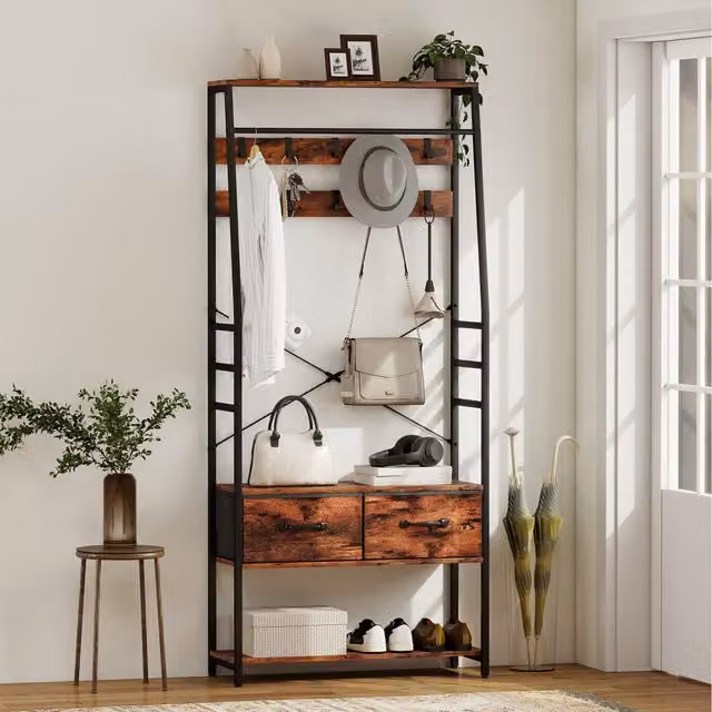 HOMCOM Hall Tree with Shoe Storage Bench and 10 Hooks in Rustic Brown