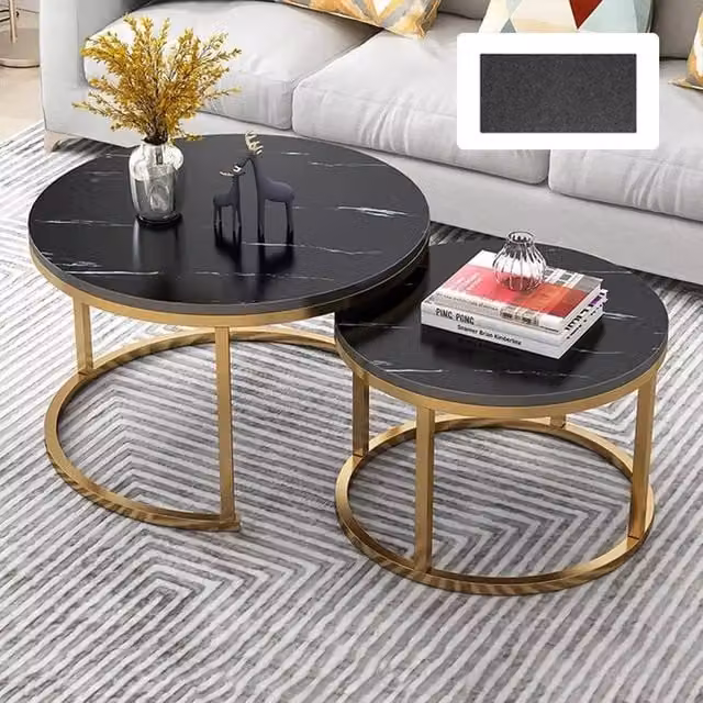 EONLION Set of 2 Round Black Marble Nesting Coffee Tables with Gold Sled Base – 1