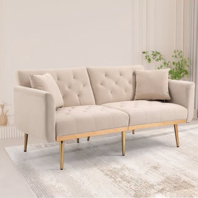Aosom UK Modern 2-Seater Convertible Loveseat Sofa in Beige Velvet with 3-Position Adjustable Backrest and Sleeping Function, W/D/H: 165 x 72.5 x 75 cm