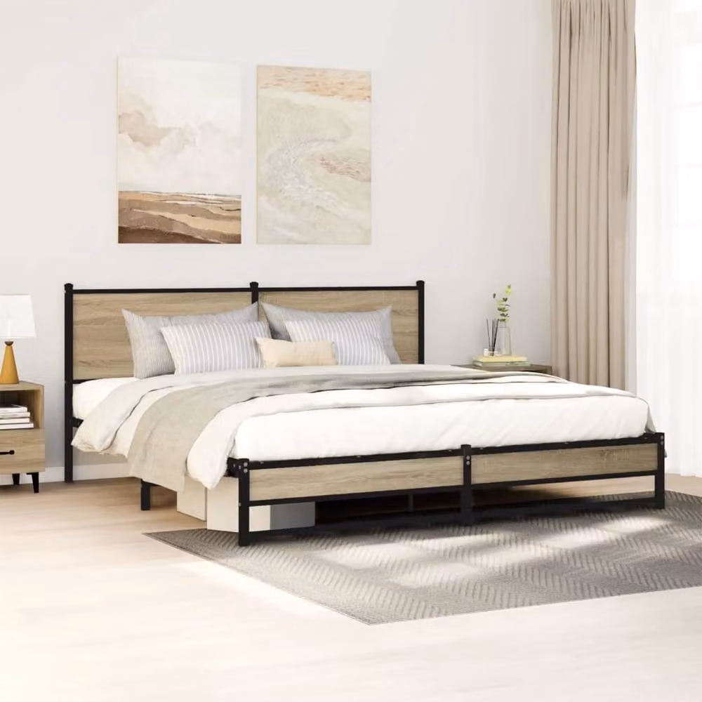 Berkfield Home Metal and Wood Bed Frame in Sonoma Oak and Light Tan, W/D/H: 180 x 200 cm, Super King Size – 2