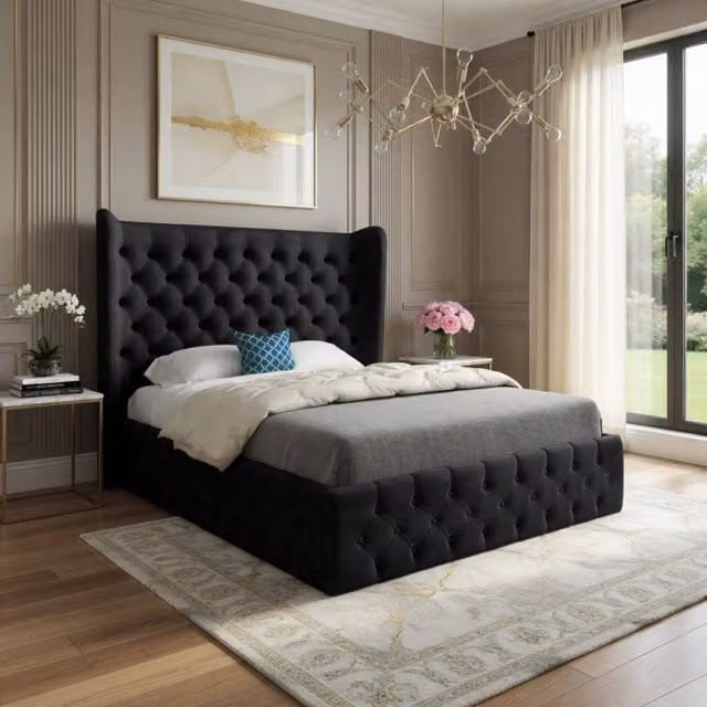 Casani Ickham Double Upholstered Velvet Designer Bed Frame in Black, W/D/H: 140 x 200 cm