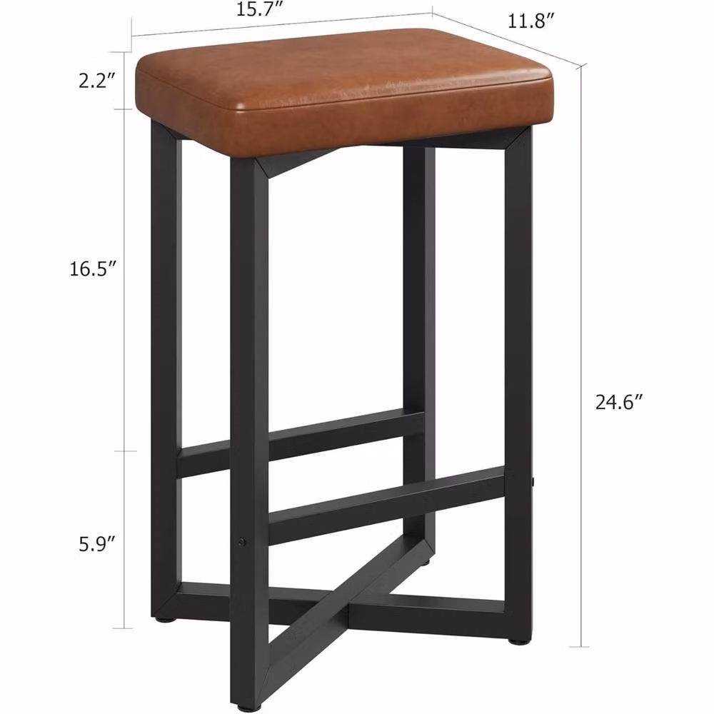 VOGREX Set of 4 Brown Synthetic Leather and Metal Industrial Backless Counter Height Bar Stools – 2