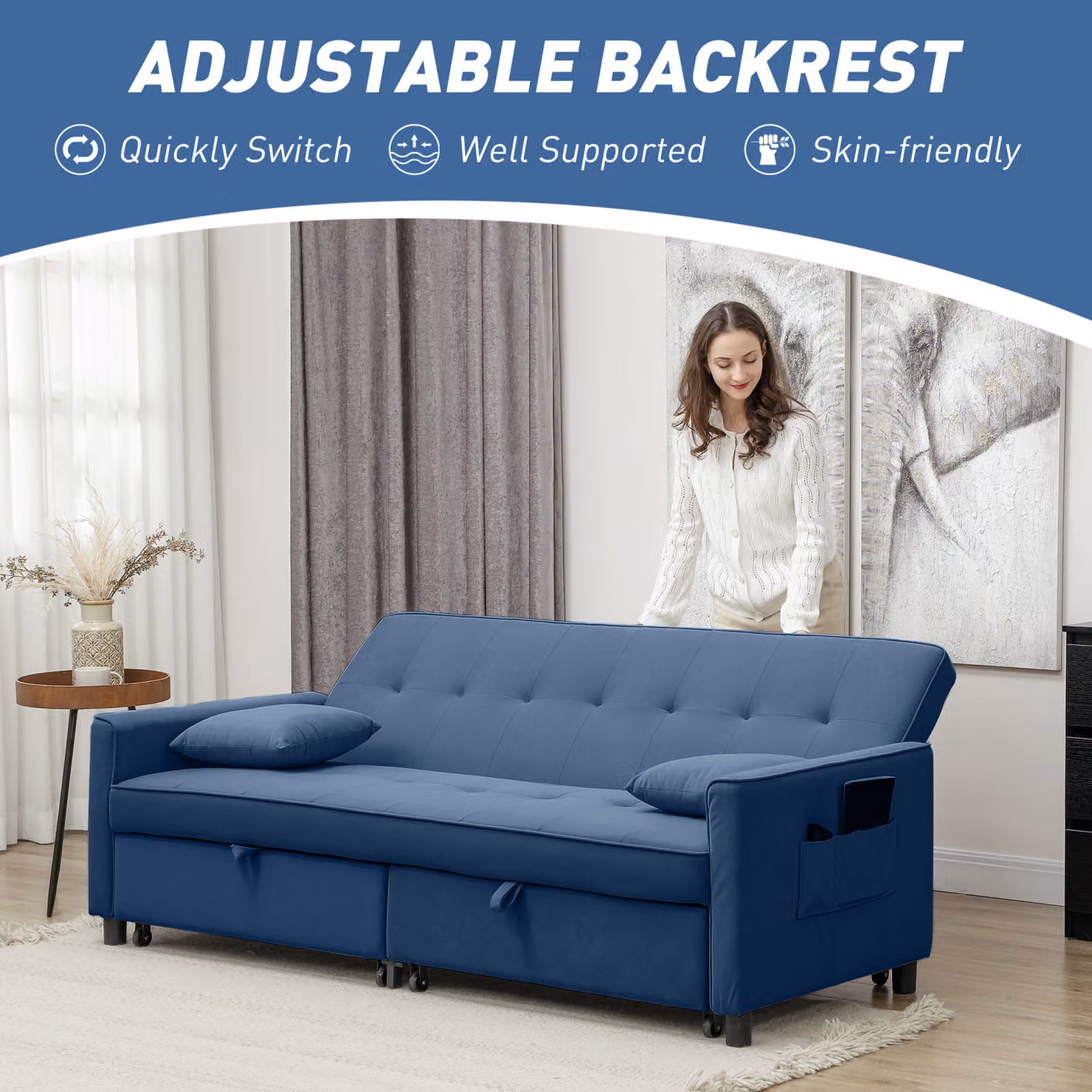 HOMCOM Three-Person Blue Velvet Click-Clack Sofa Bed with Solid Wood Frame and Scatter Cushions – 6