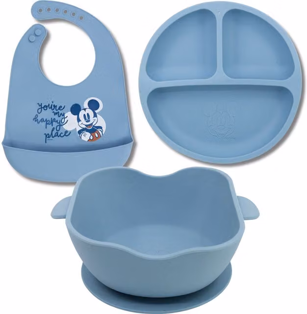 Mickey Mouse Baby Silicone Divided Plate and Bib Set in Baby Blue, BPA-Free – 1