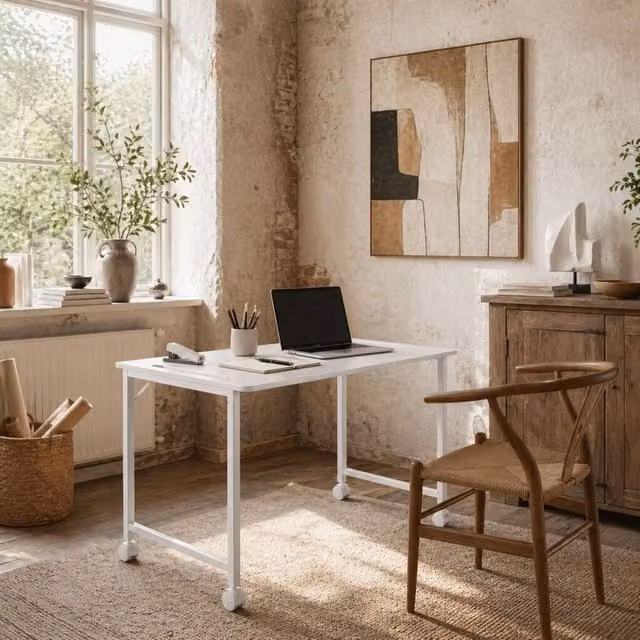 Wyld Haus Veso White Wood Effect Folding Writing Desk with Lockable Castors W/D/H: 80 x 52 x 75 cm – 1