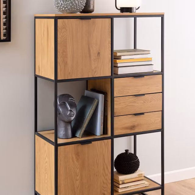 Furniture To Go Swindon Bookcase in Black and Wild Oak with 2 Doors, 3 Drawers and 1 Shelf