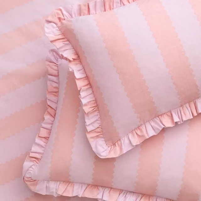 Furn Wylder Birdie Stripe Reversible Ruffle Edge Cotton Rich Pillowcase Pair in Pink, W/D/H: 50 x 75 x 50 cm