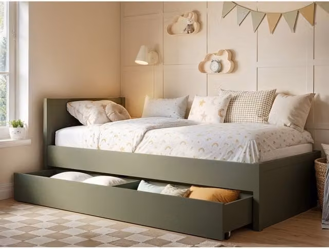 Flair Oli Single Wooden Bed with Drawers in Green and Oak