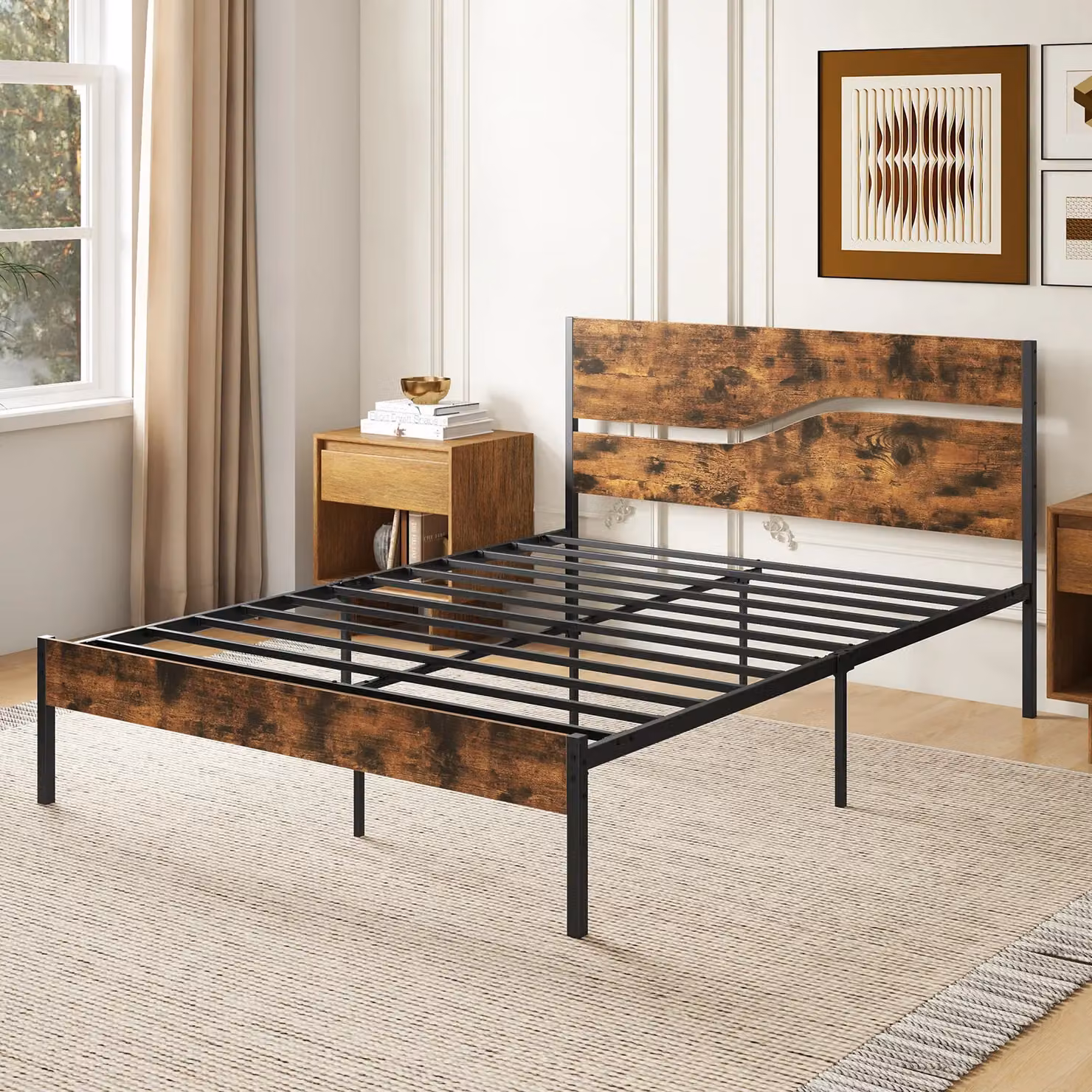 Costway King Metal Industrial Platform Bed with Brown Wooden Headboard, 180 x 200 cm – 7