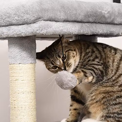 PawHut Grey Cat Tree with Condo, Cave, and Integrated Toys, H 85 cm x W 48 cm x D 48 cm – 5