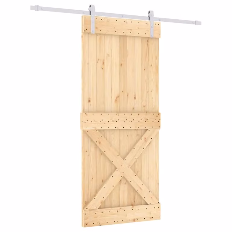 Berkfield Home Rustic Solid Wood Pine Sliding Door with Hardware Set, Brown, W: 90 cm, H: 210 cm