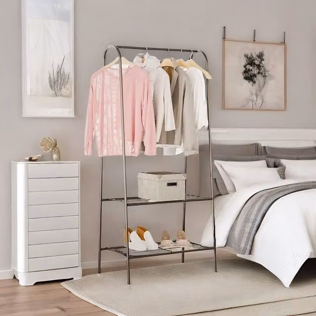 Furnold Heavy Duty Metal Clothes Rail Open Wardrobe with 2 Shelves, Black, W/D/H: 153 x 36 x 36 cm