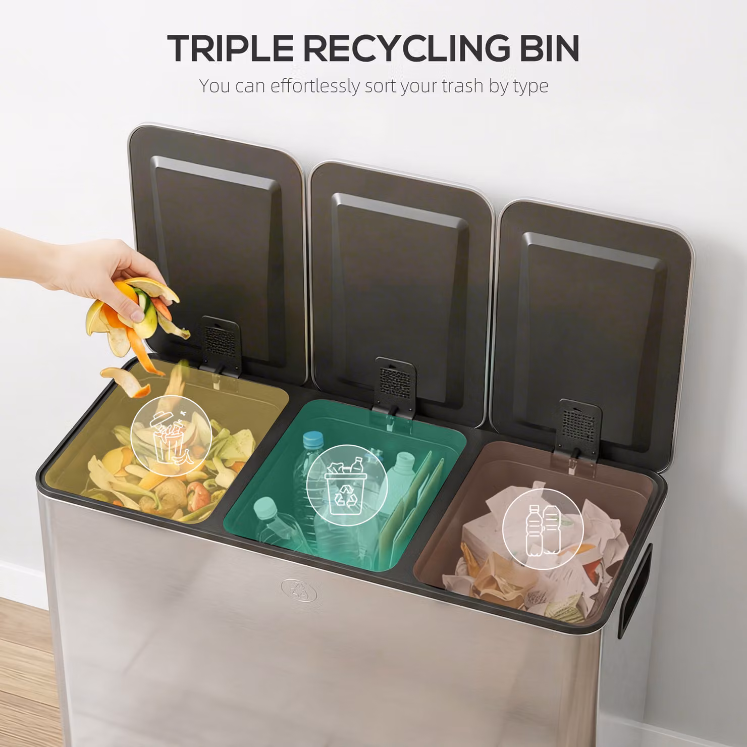 HOMCOM Triple Kitchen Pedal Bin, 3 x 20L Stainless Steel Silver Tone with Soft Close Lids and Removable Inner Buckets – 3