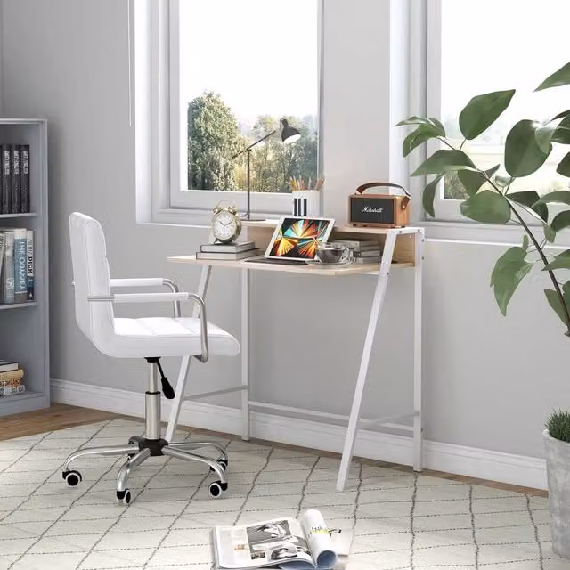 FORGEVIO Minimalist Office Desk and Swivel Chair Set with Shelf in White and Multicolour