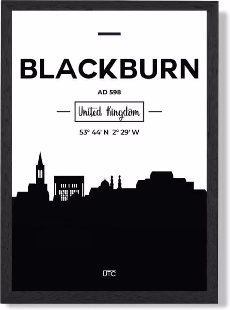 ARTZE Blackburn Black and White City Skyline Framed Print in Black Frame, A2 – 1