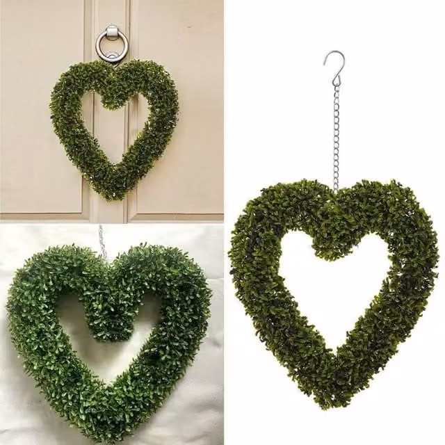 FLAVORA Green Artificial Boxwood Foliage Heart Topiary Hanging Wreath – 1