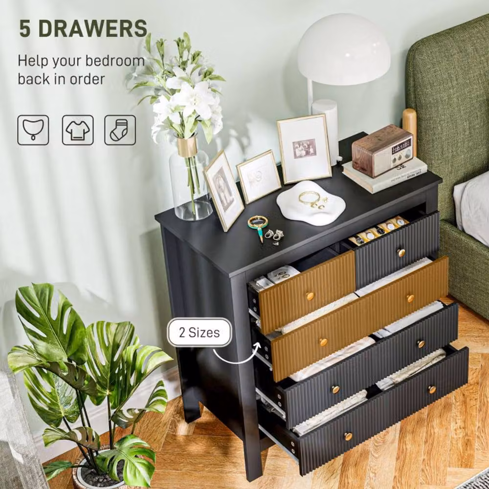 STILVORA Modern 5 Drawer Chest of Drawers with Striped Fronts in Black and Gold – 5