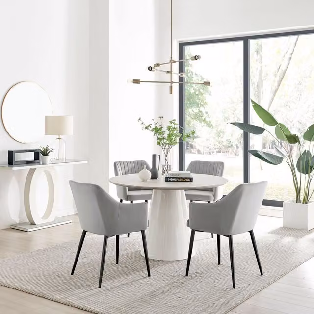 Furniturebox Palma Beige Stone Effect Round Dining Table and 4 Calla Black Leg Chairs in Grey
