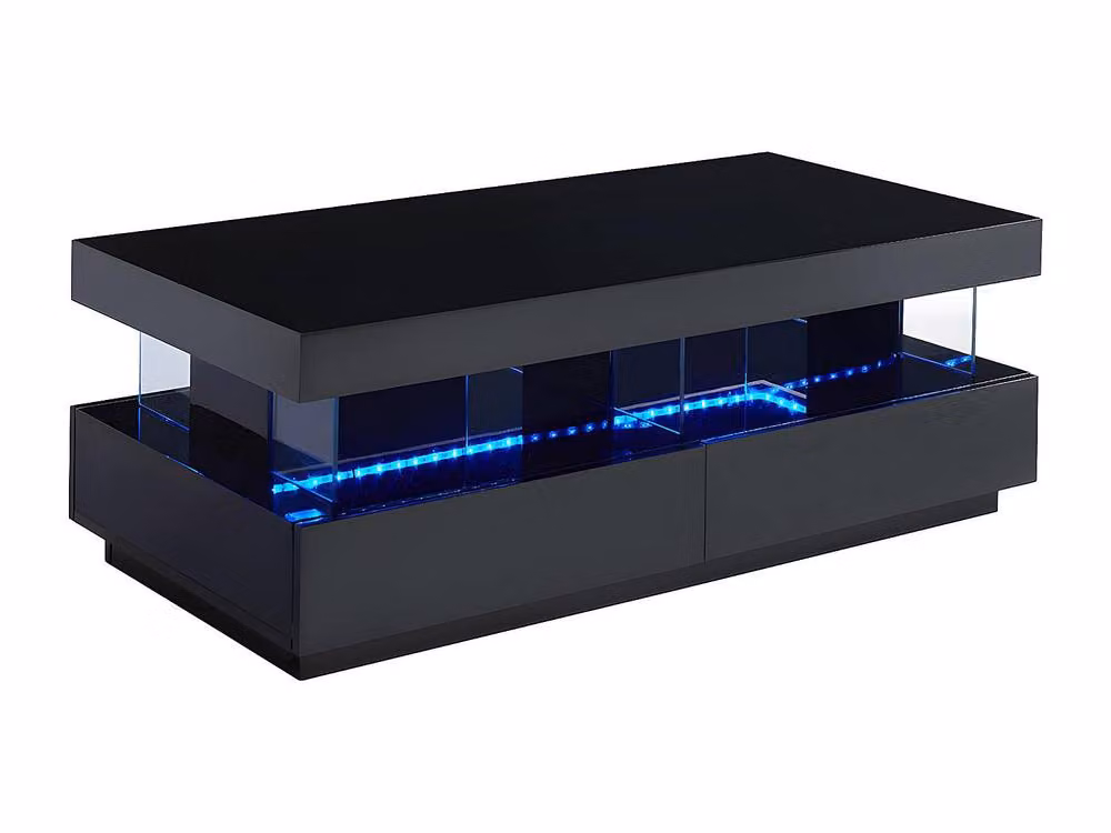 Vente-unique Black Lacquered MDF and Glass Coffee Table with 2 Drawers, 2 Recesses and LED Lighting, W/D/H: 120 x 60 x 42 cm – 2