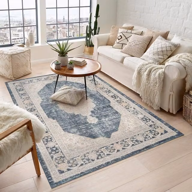 Desire Rugs Maia Traditional Floral Non-Slip Washable Low Pile Area Rug, Blue, Width: 300 cm
