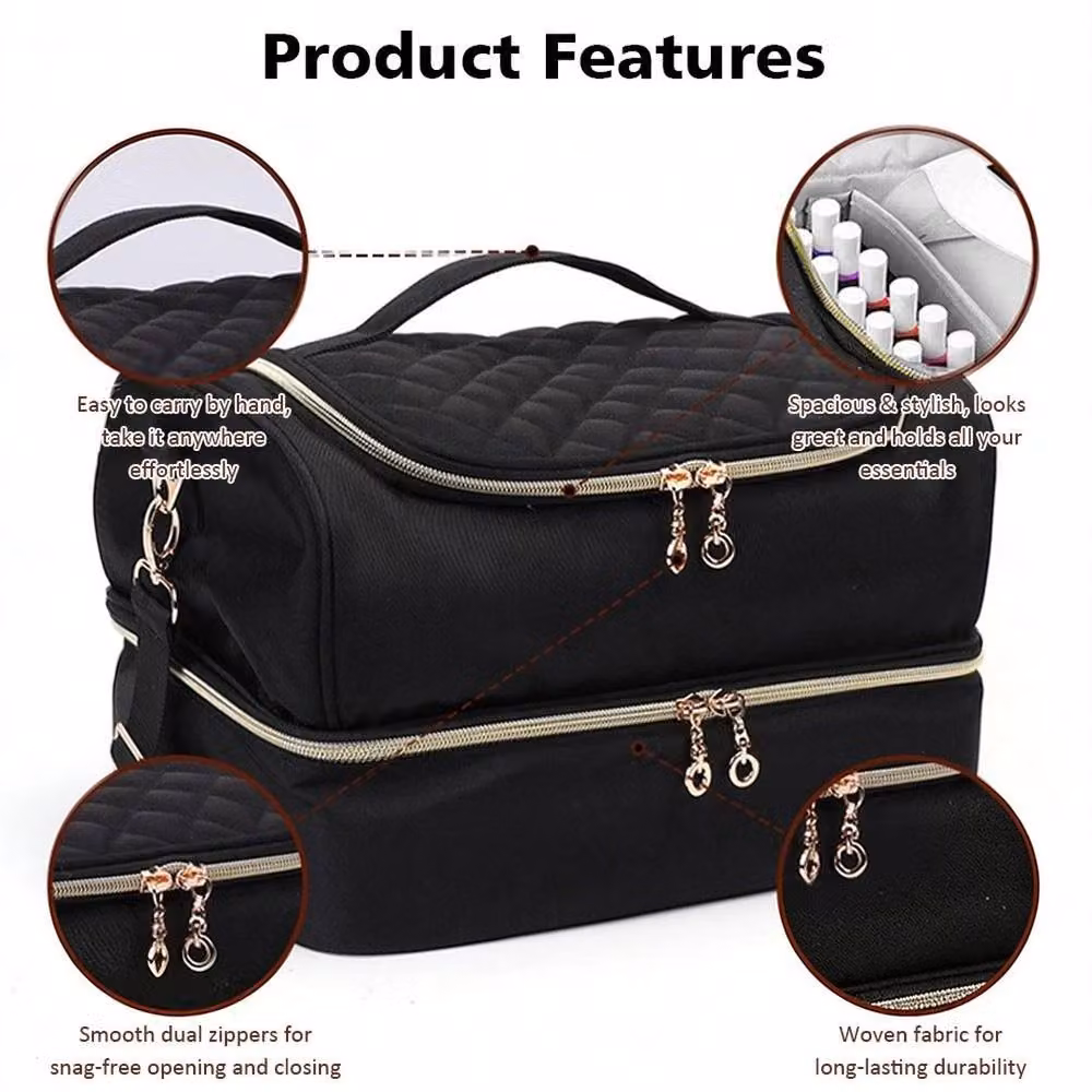 VOGREX Black Double Layer Portable Nail Polish Storage Bag and Carry Case with Handles – 3