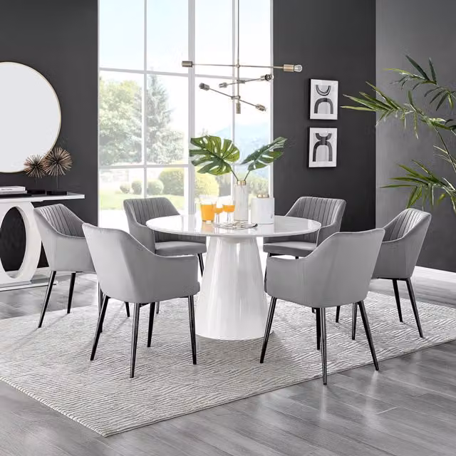 FurnitureboxUK Palma White High Gloss Round Dining Table and 6 Calla Black Leg Chairs in Grey