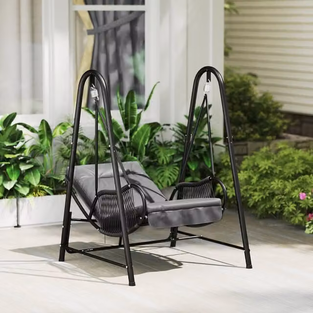 Outsunny Modern Rattan Outdoor Porch Hanging Chair with Stand in Dark Grey