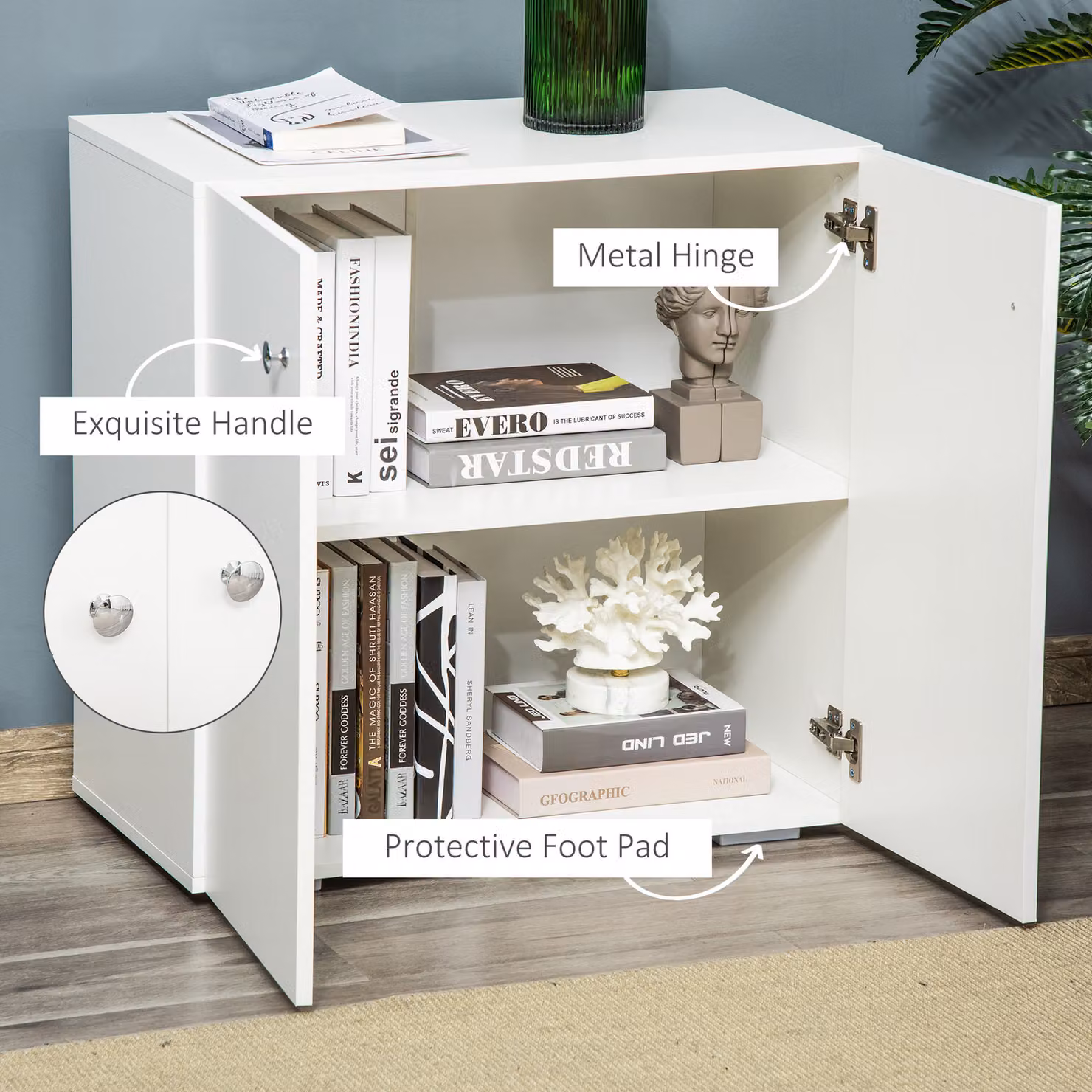HOMCOM White Wooden Storage Cabinet with 2 Shelves and Doors, Modern Freestanding Kitchen Cupboard and Sideboard – 4