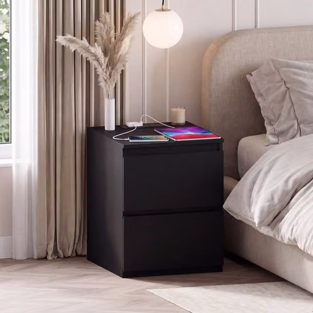 Vida Designs Denver 2 Drawer Large Bedside Chest with Power Outlet in Black – 1
