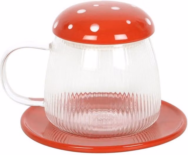Something Different Mushroom Glass Mug and Saucer in Red with Dotted Design
