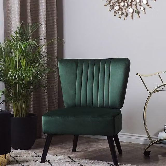 Wyld and Coco Green Velvet Armless Accent Chair with Vertical Tufting and Rubberwood Frame – 1