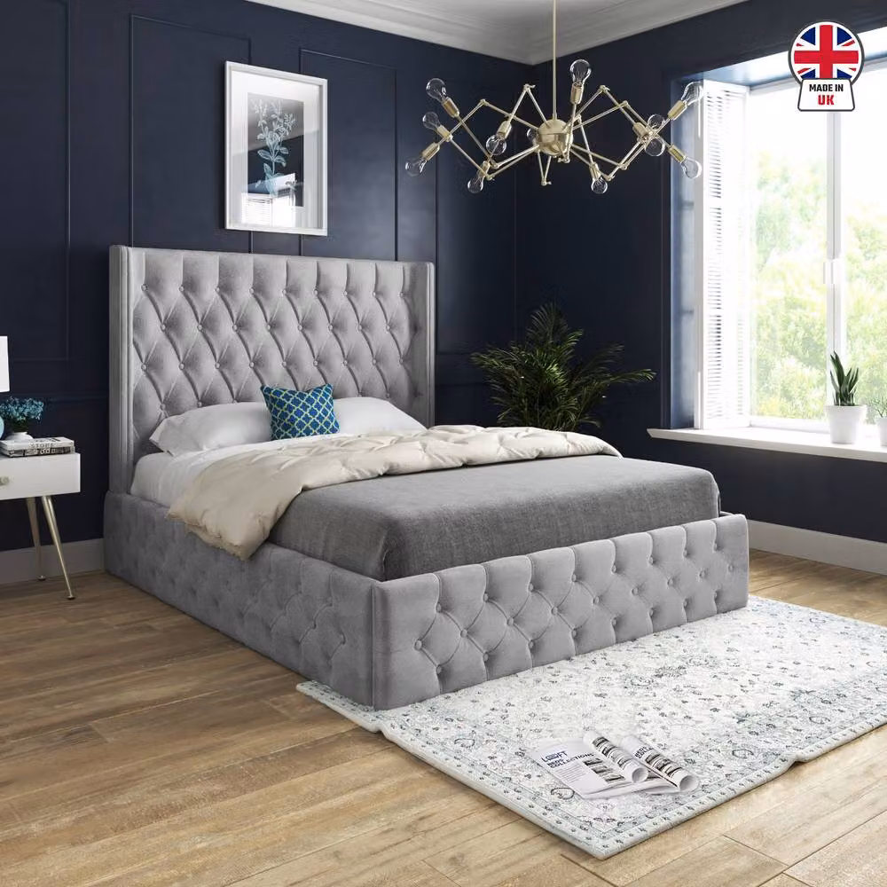 KDMD Vange Winged Upholstered Designer Bed Frame in Grey Soft Velvet, W/D/H: 137 x 128 x 200 cm – 3