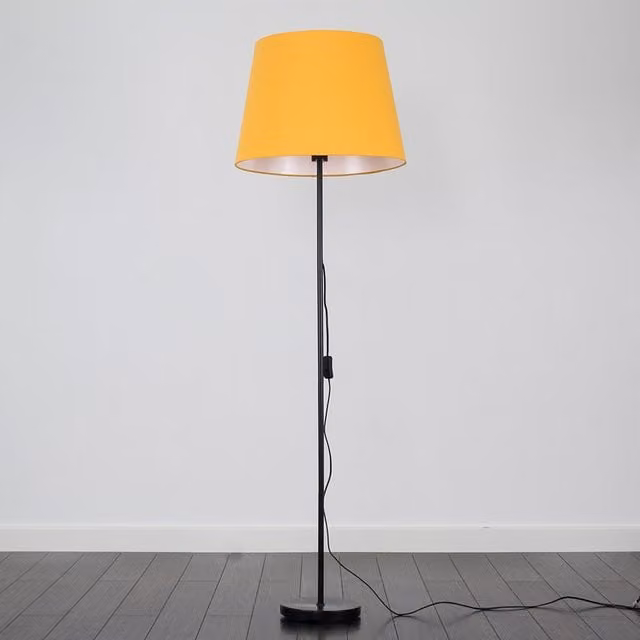 ValueLights Charlie Modern Metal Stem Floor Lamp with Yellow Fabric Cone Shade in Black