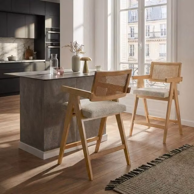 Wyld and Coco Set of 2 Retro Bar Chairs in Beige Boucle and Brown Rubberwood