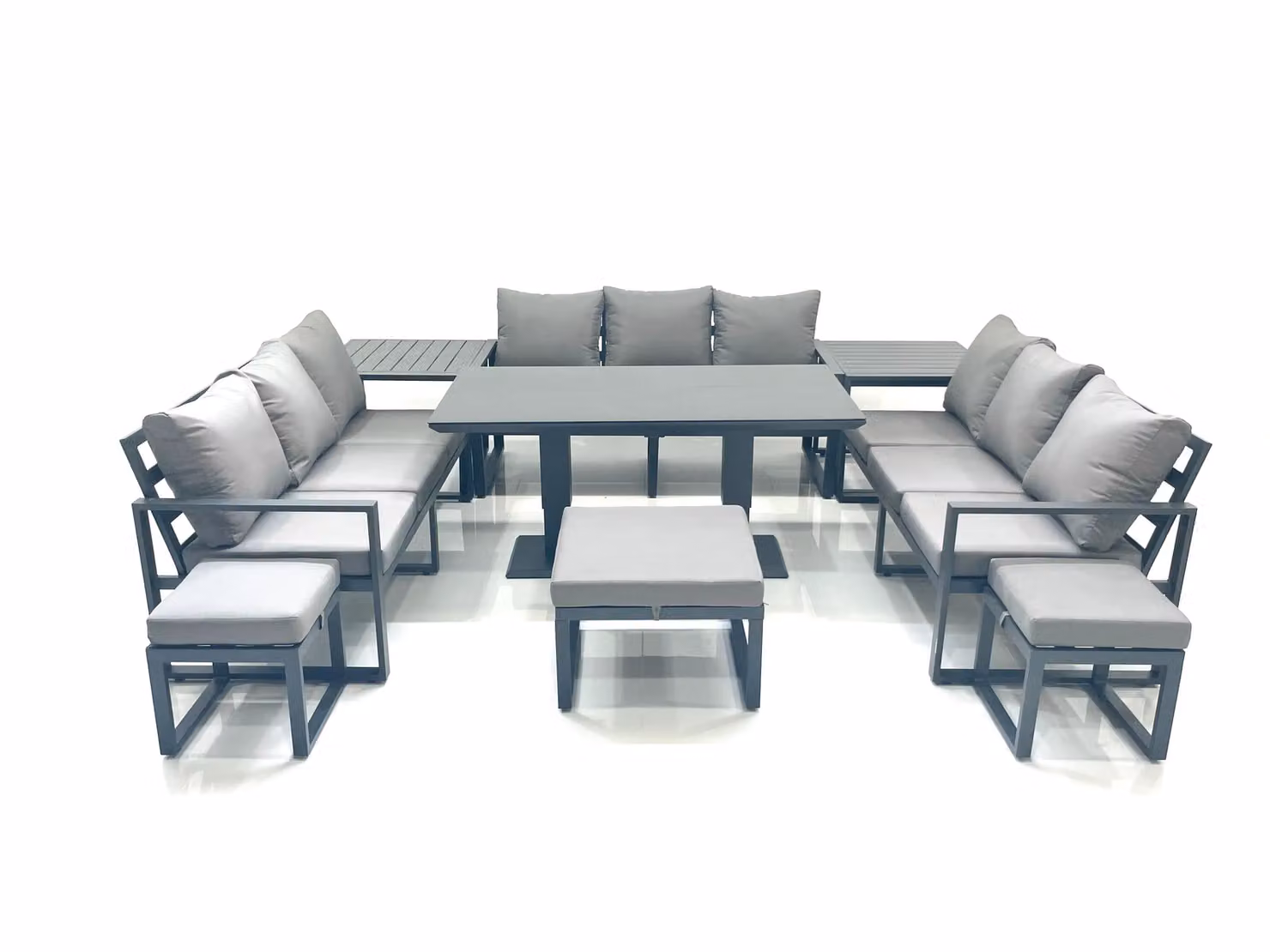 Fimous 12 Seater Garden Sofa Set with Height Adjustable Dining Table, 2 Side Tables and 3 Footstools in Dark Grey Aluminium – 2