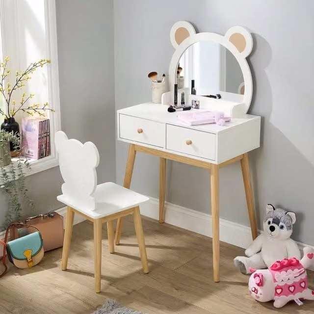 Home Source Modern Glossy White Childrens Dressing Table and Chair Set