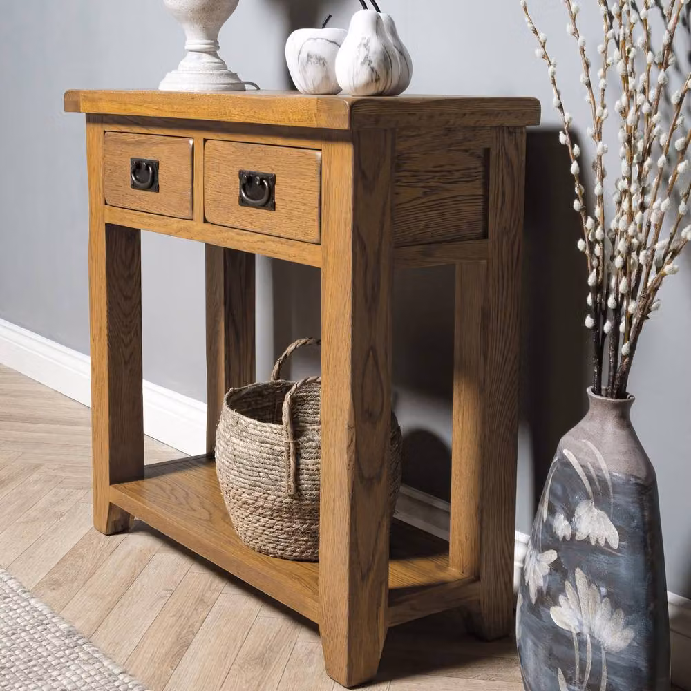 Elm Home And Garden Rustic Oak 2 Drawer Hall Console Table with Shelf in Light Oak – 3