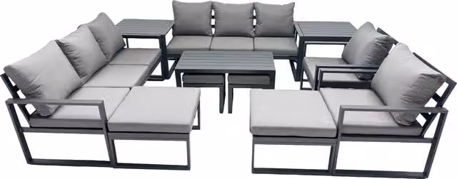 Fimous Powder Coated Aluminium 3 Seater Outdoor Sofa Set with Coffee Table and Ottomans in Dark Grey