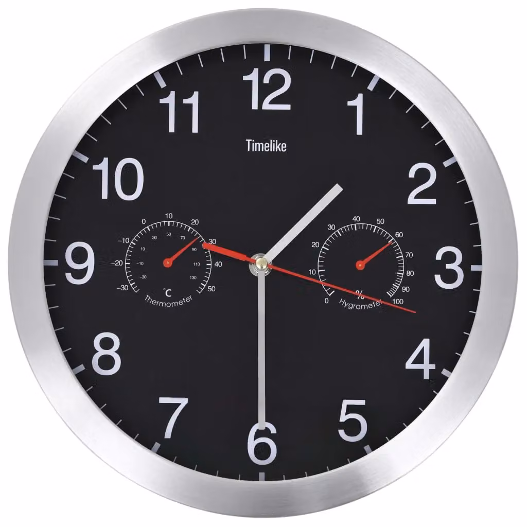 Berkfield Home Black Round Analog Wall Clock with Quartz Movement, Hygrometer and Thermometer – 2