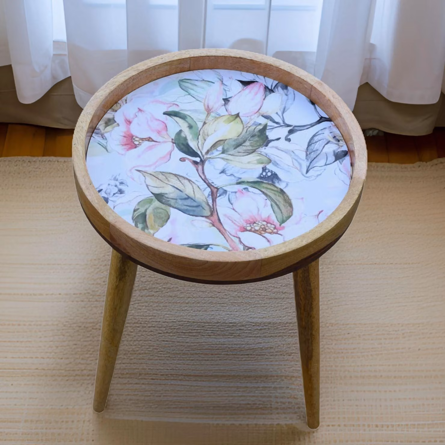 Hartsmede Mango Wood Round Side Table with Pink Floral Enamel Resin Top and Detachable Legs, H 36 cm x W 38 cm – 3