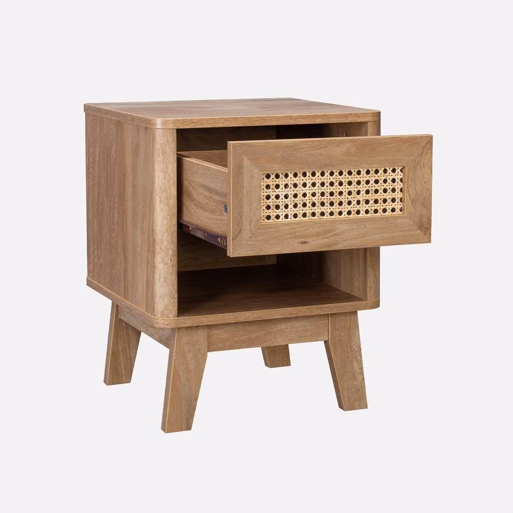 sweeek Bedside Table with Drawer and Niche in Light Brown Wood Effect and Cane, W/D/H: 39 x 30 x 49 cm – 2